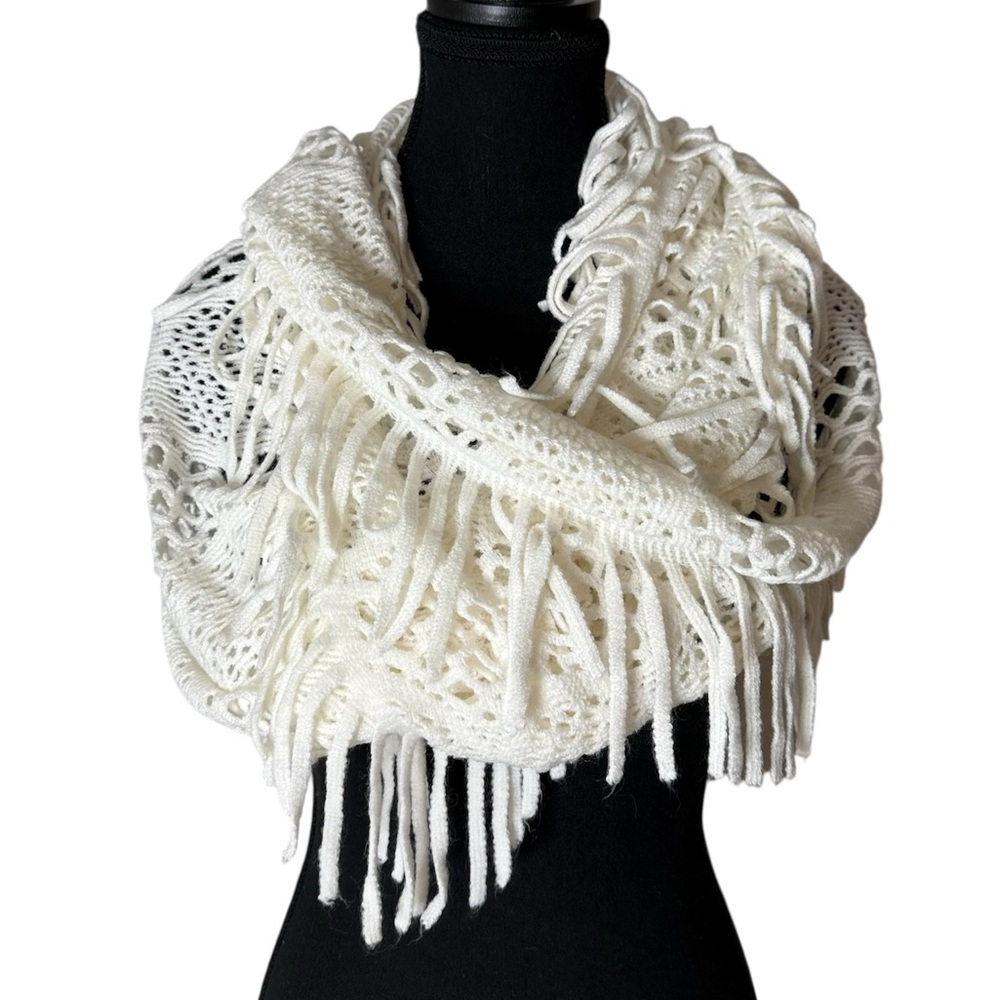 Crochet Loose Knit Infinity Scarf Fringe Ivory Cream White Tassels